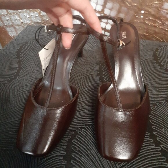 Zara NWT Genuine Leather Chocolate Brown Heels - Picture 13 of 16